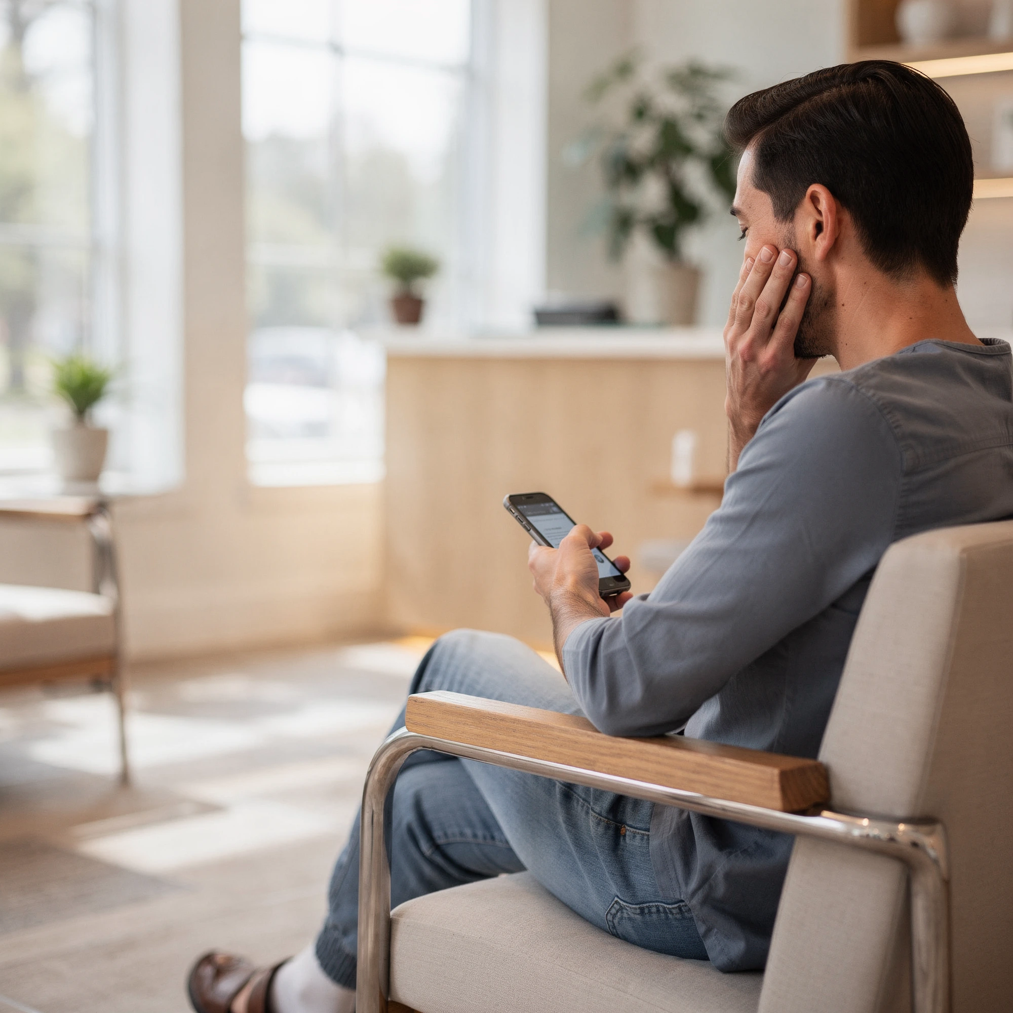 Man in waiting room holding his cheek in pain while looking at his phone